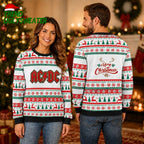 ACDC Merry Christmas Signature Logo With Holiday Pattern Knitted White Ugly Christmas Sweater - Unique Gifts For Every Occasion