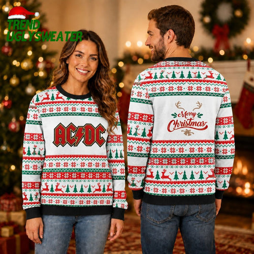 ACDC Merry Christmas Signature Logo With Holiday Pattern Knitted White Ugly Christmas Sweater - Unique Gifts For Every Occasion