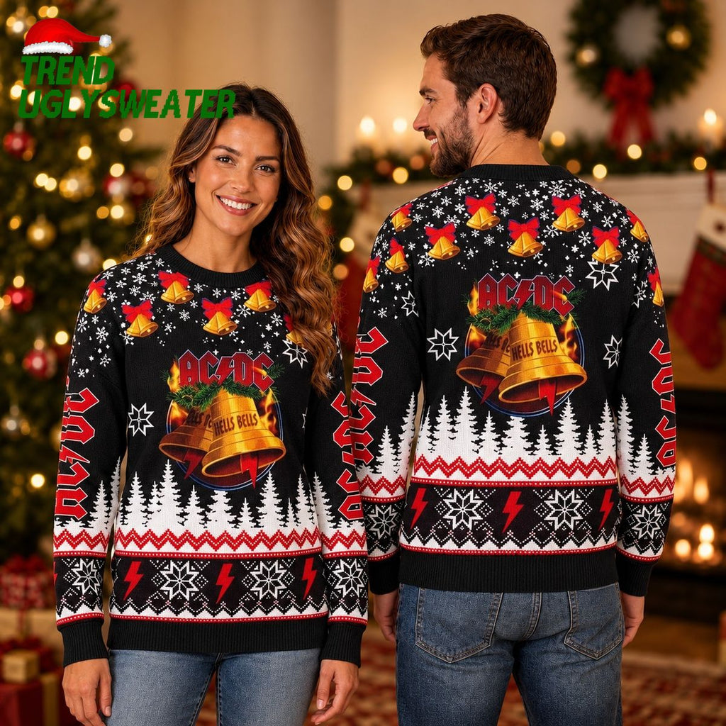 ACDC Signature Hells Bells Snowy Night Pattern Jingle Bells Xmas Ugly Sweater - Unique Gifts For Every Occasion