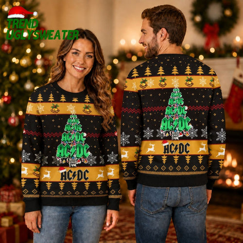 ACDC Signature Logo Christmas Tree Art Black And Gold Knitted Christmas Ugly Sweater - Unique Gifts For Every Occasion