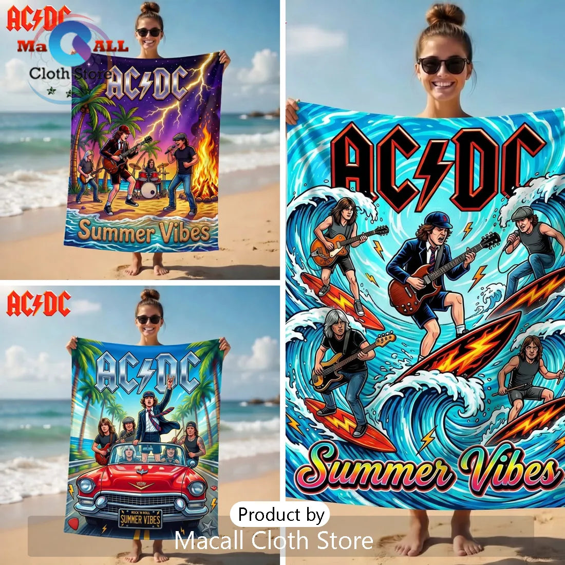 AC/DC Summer Surfing Rock Band Members Vibrant Cartoon Beach Towel