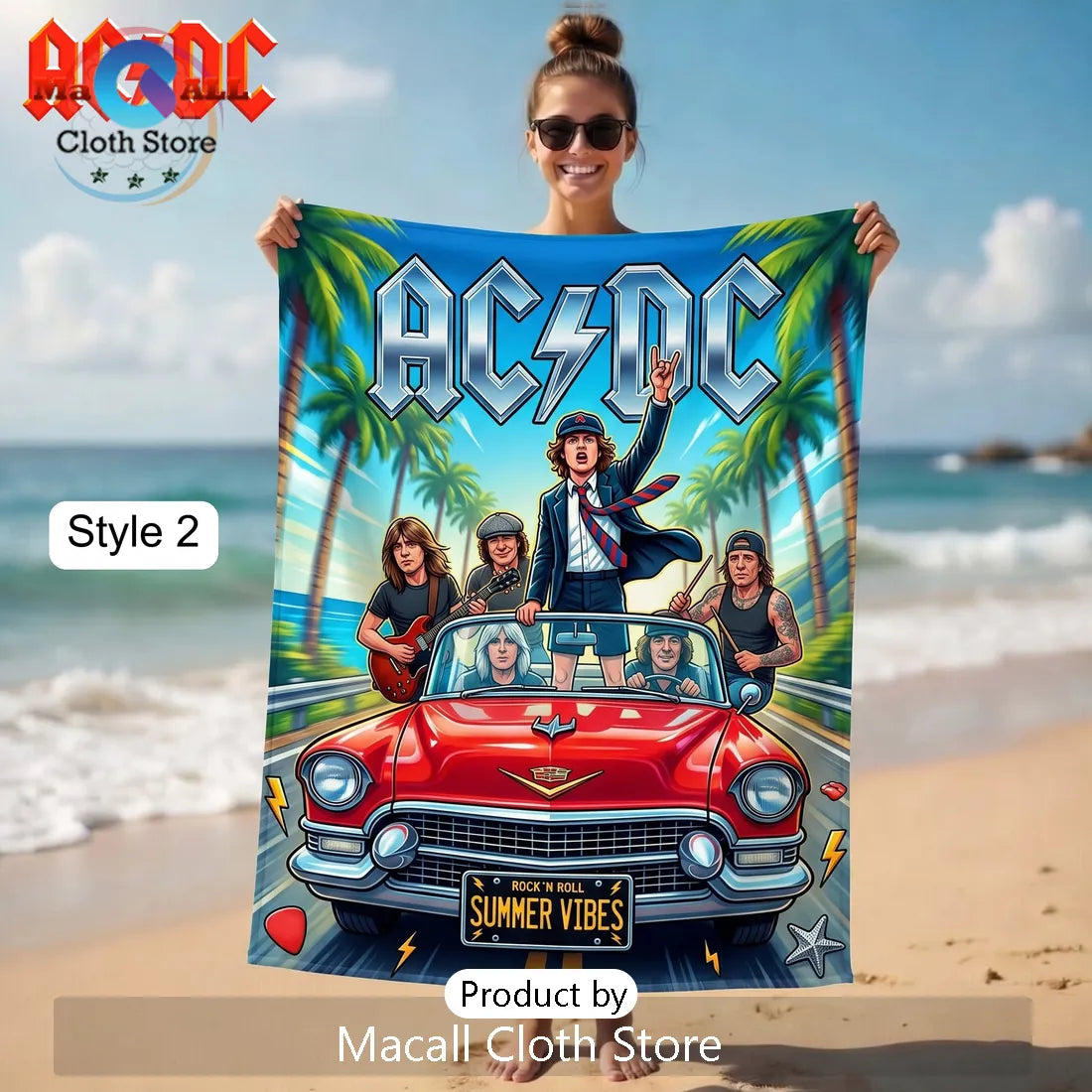 AC/DC Summer Surfing Rock Band Members Vibrant Cartoon Beach Towel
