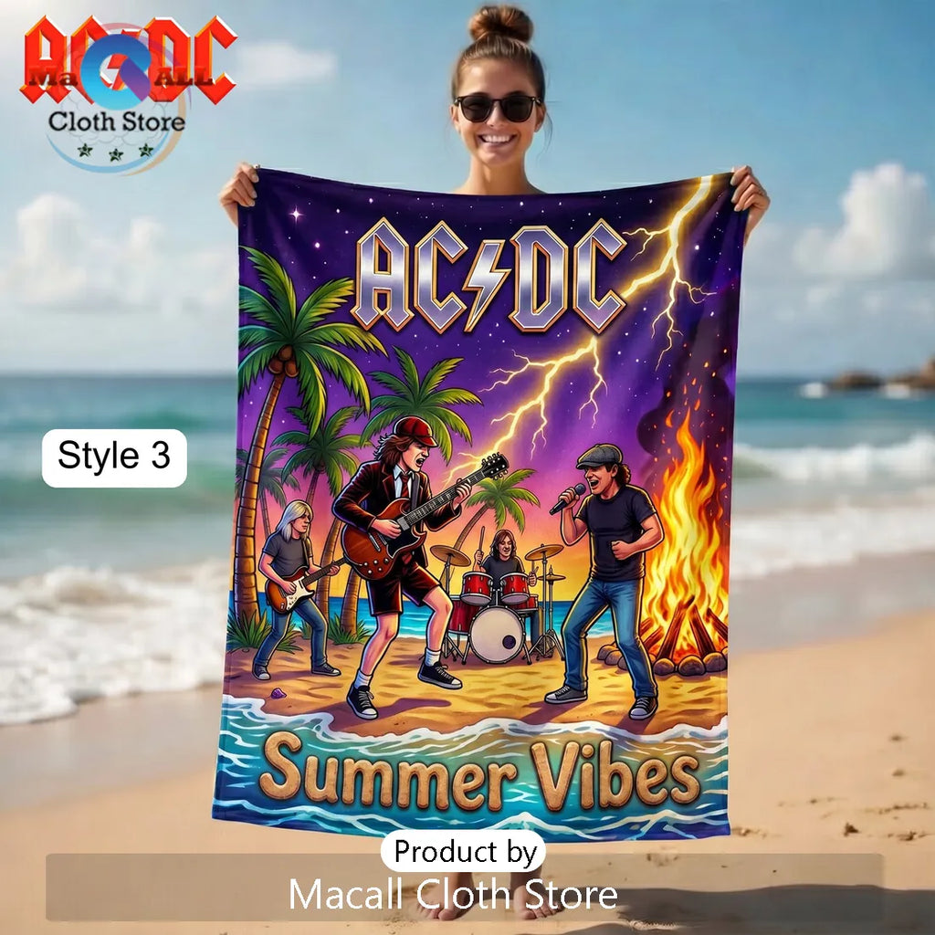 AC/DC Summer Surfing Rock Band Members Vibrant Cartoon Beach Towel