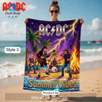 AC/DC Summer Surfing Rock Band Members Vibrant Cartoon Beach Towel