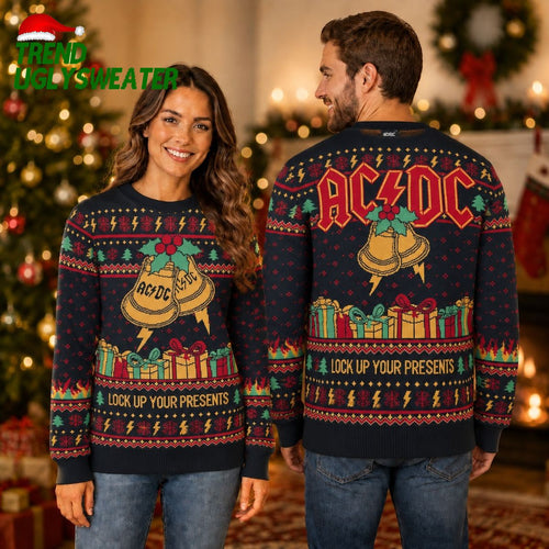 ACDC Ugly Christmas Sweater Black Gold Lightning Bolt Holiday Jumper - Unique Gifts For Every Occasion
