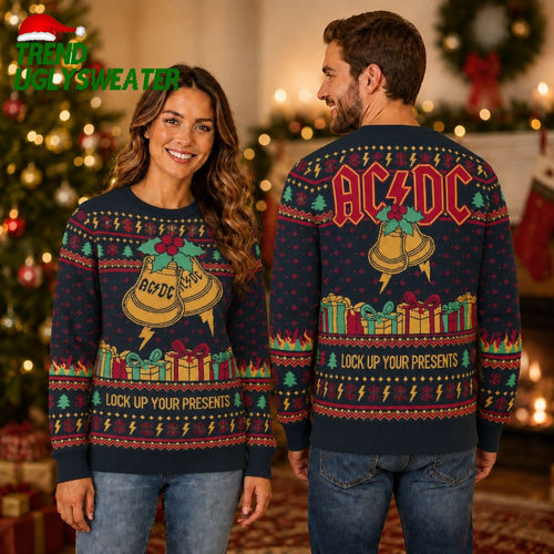 ACDC Ugly Christmas Sweater Lock Up Your Presents Rock Fan Holiday Jumper - Unique Gifts For Every Occasion