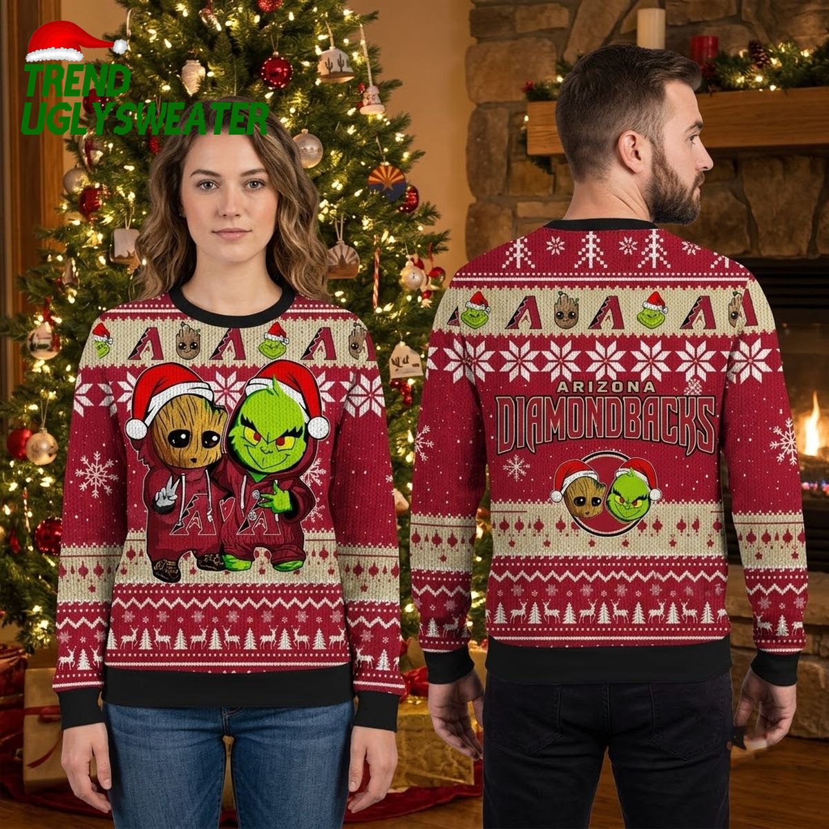 Arizona Diamondbacks Groot And Grinch Santa Hat Ugly Christmas Sweater
