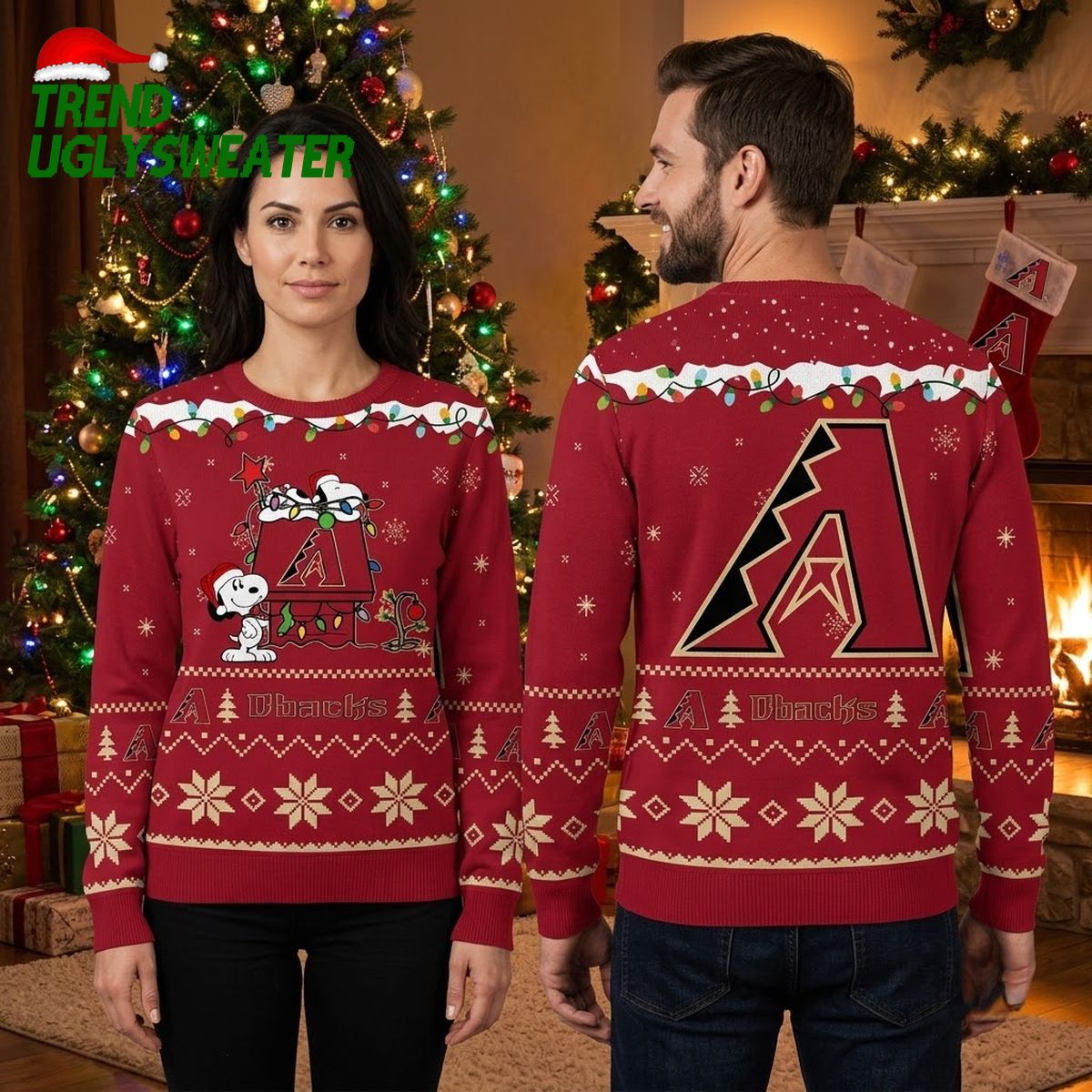 Arizona Diamondbacks Snoopy Christmas Lights Ugly Christmas Sweater