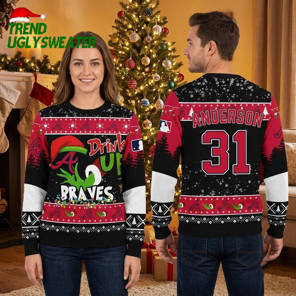 Atlanta Braves Drink Up Grinch Custom Name And Number Ugly Christmas Sweater