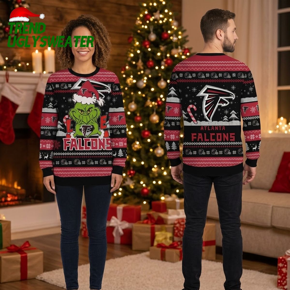 Atlanta Falcons Grinch Santa Hat , Game Day Gift Ugly Christmas Sweater
