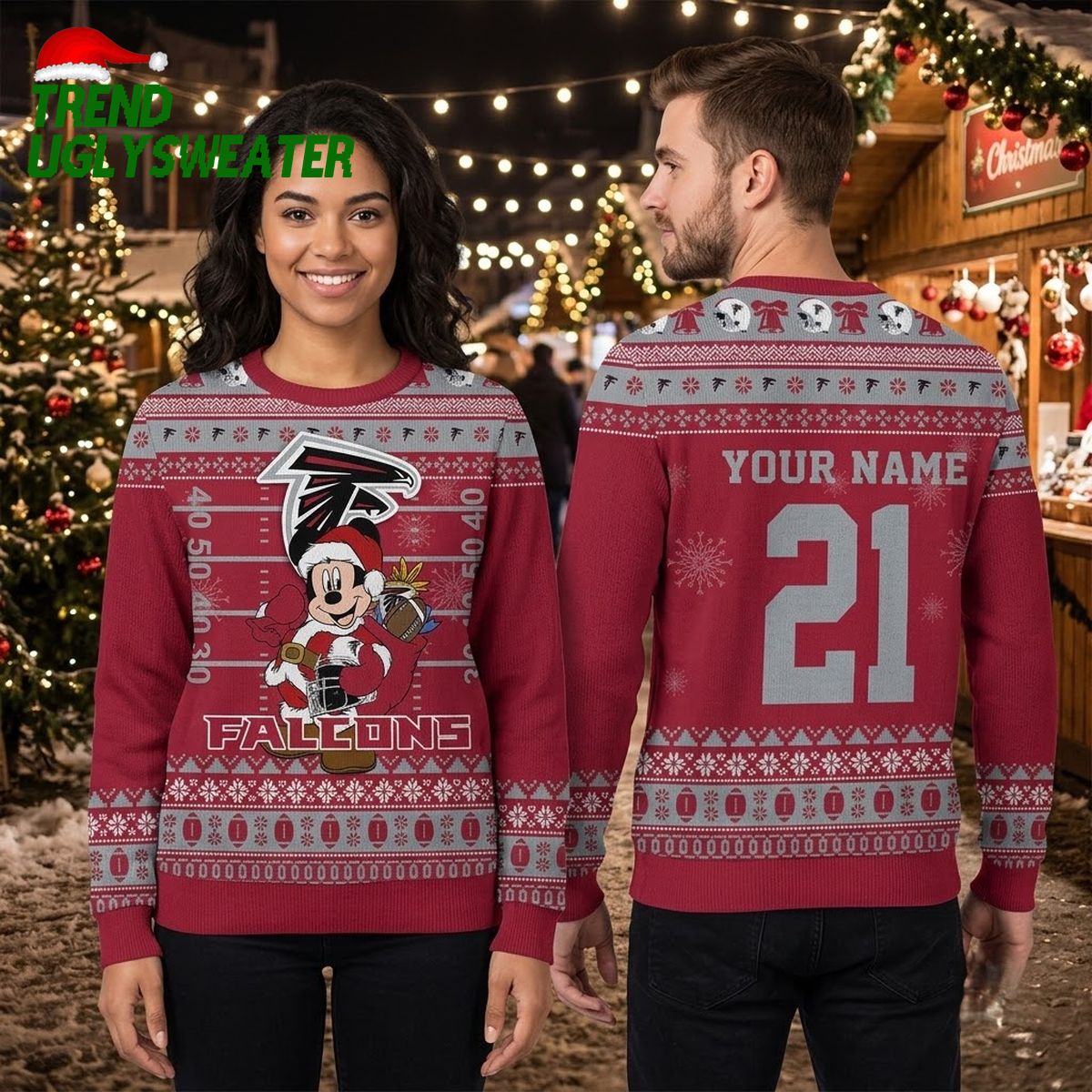 Atlanta Falcons Mickey Mouse Santa Custom Name And Number Ugly Christmas Sweater
