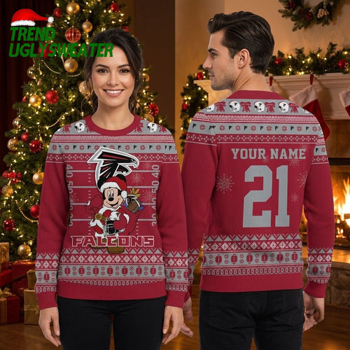 Atlanta Falcons Mickey Mouse Santa Personalized Custom Name And Number Ugly Christmas Sweater