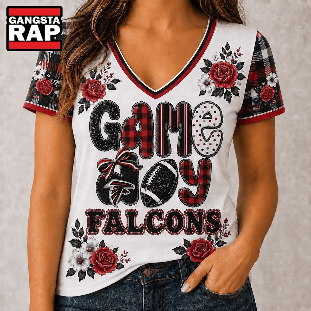 Atlanta Falcons NFL Football Flowers Team Pride V Neck T Shirt