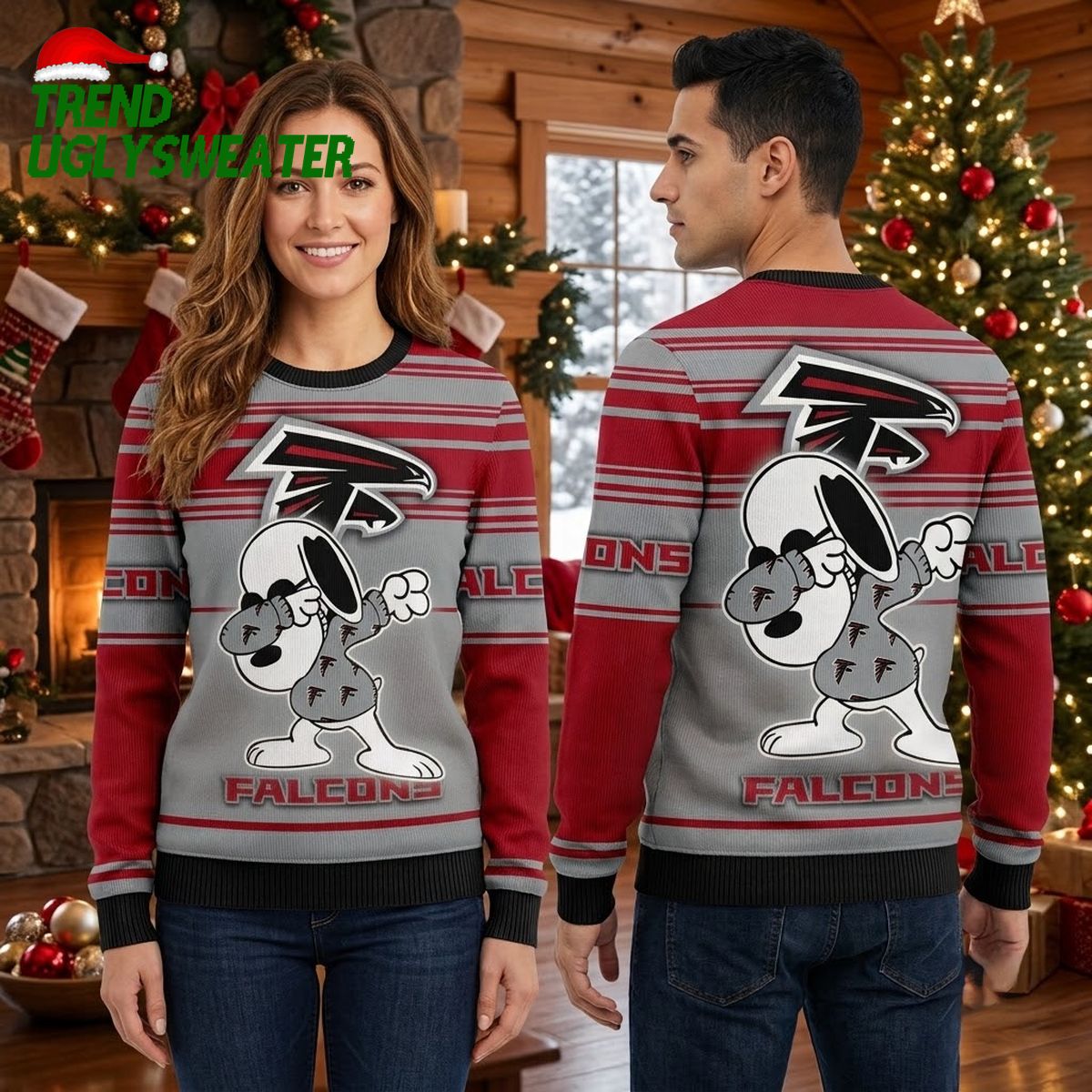Atlanta Falcons Snoopy Dabbing Logo Striped Ugly Christmas Sweater