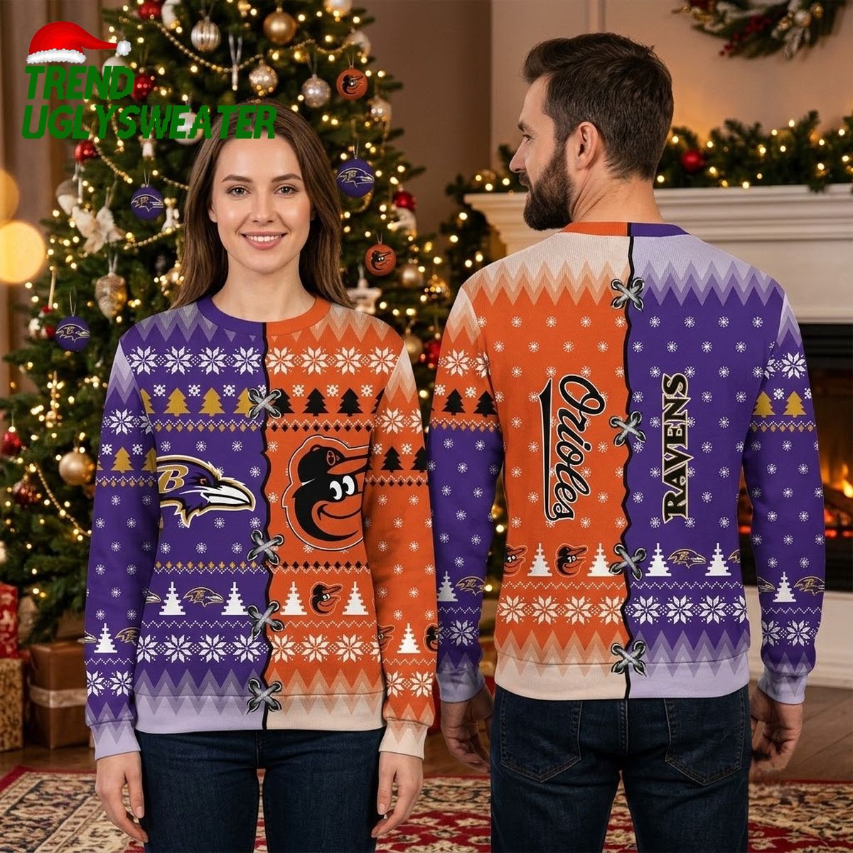 Baltimore Ravens And Orioles Split Snowflake Ugly Christmas Sweater