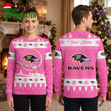 Baltimore Ravens Custom Name Pink Snowflake Ugly Christmas Sweater