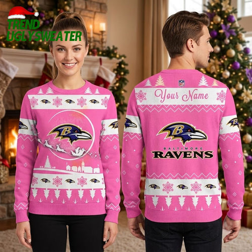 Baltimore Ravens Custom Name Pink Snowflake Ugly Christmas Sweater