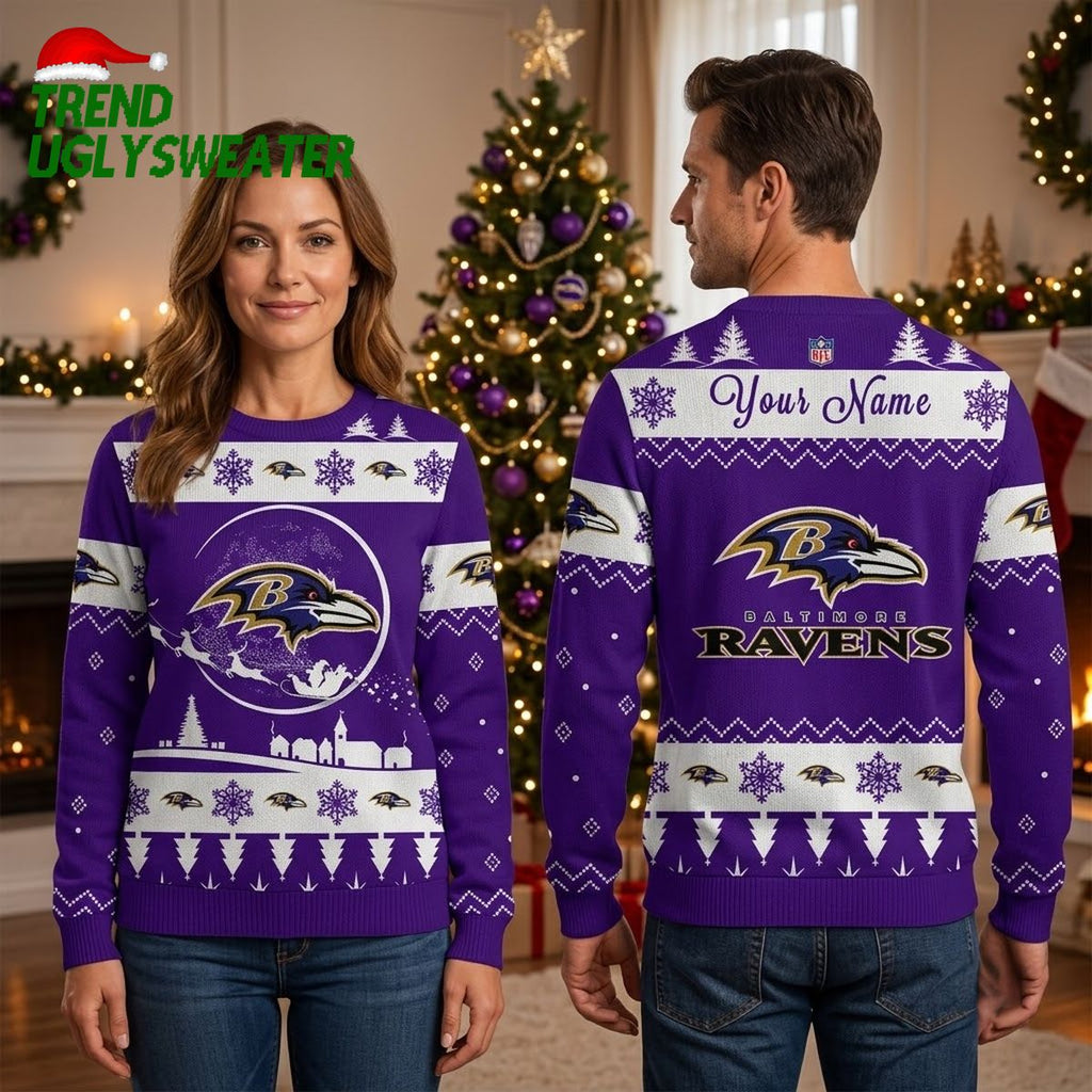 Baltimore Ravens Custom Name Snowflake And Reindeer Ugly Christmas Sweater