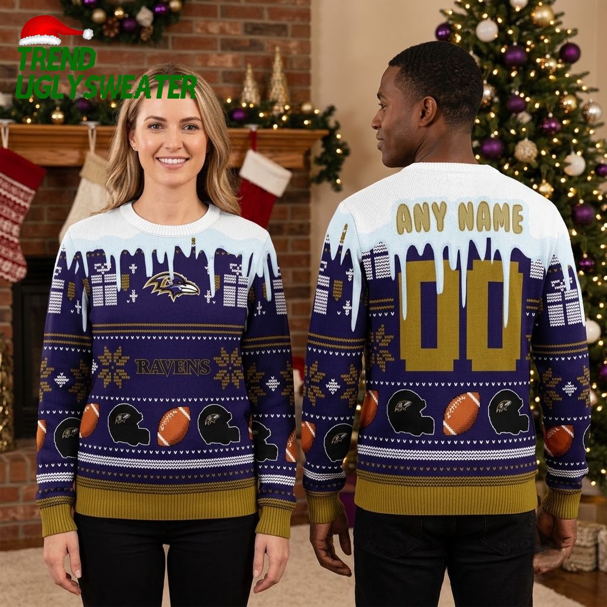 Baltimore Ravens Football Helmets Custom Name And Number Ugly Christmas Sweater