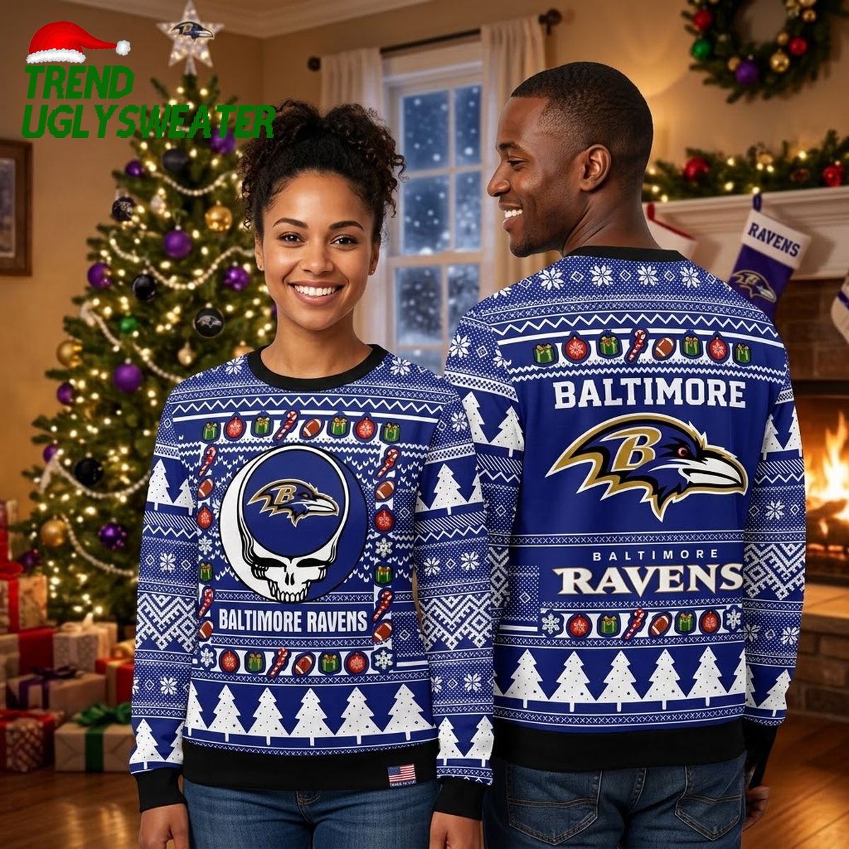 Baltimore Ravens Grateful Dead Skull Ugly Christmas Sweater