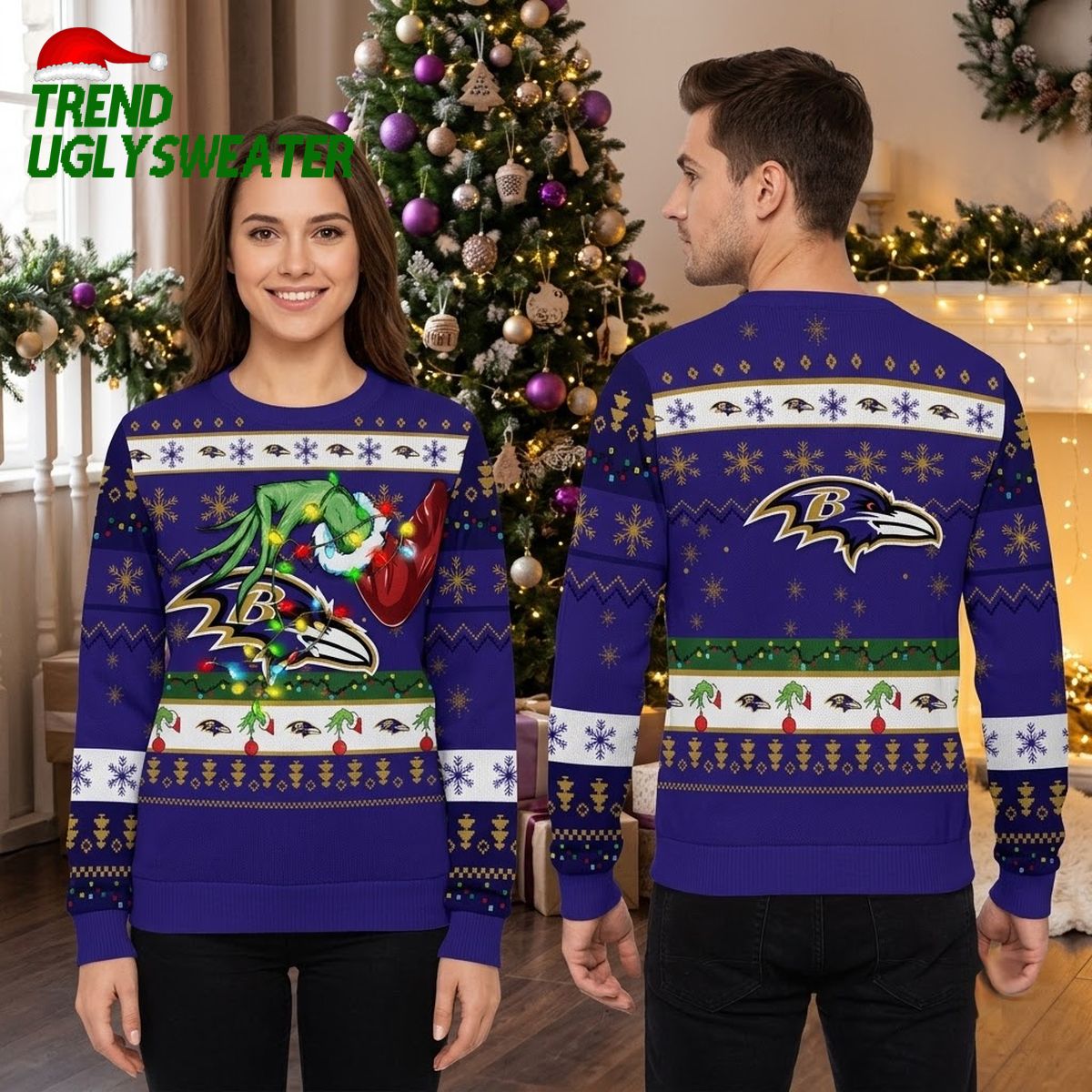Baltimore Ravens Grinch With Christmas Lights Ugly Christmas Sweater