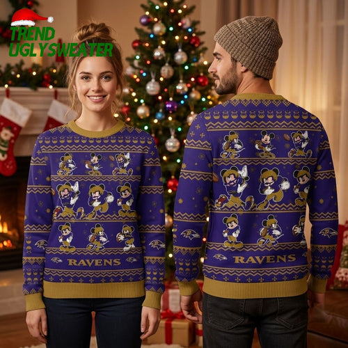 Baltimore Ravens Mickey Mouse Football Pattern Ugly Christmas Sweater