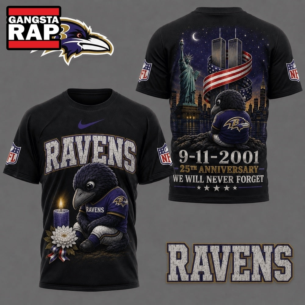 Baltimore Ravens NFL 9 11 25th Anniversary Never Forget Memorial 3D T Shirt, Football New Design Shirt