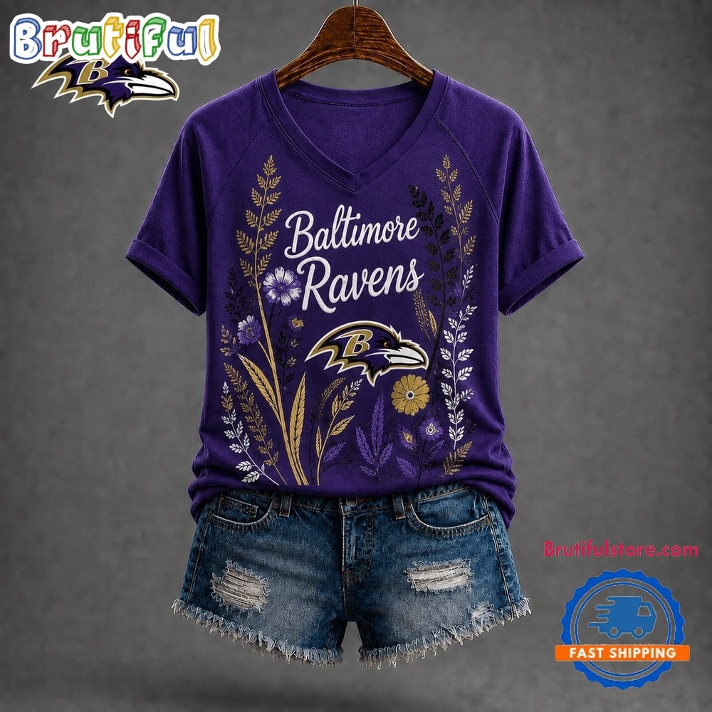 Baltimore Ravens NFL Floral Garden V Neck T Shirt