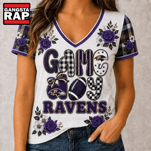 Baltimore Ravens NFL Football Flowers Team Pride V Neck T Shirt