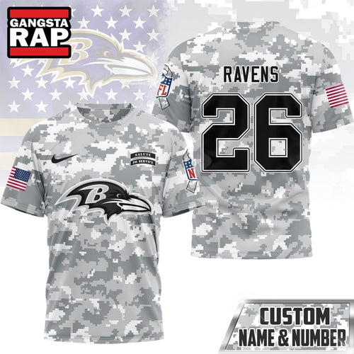 Baltimore Ravens NFL Salute to Service Custom Name & Number Camo 3D Shirt, Football New Design Shirt