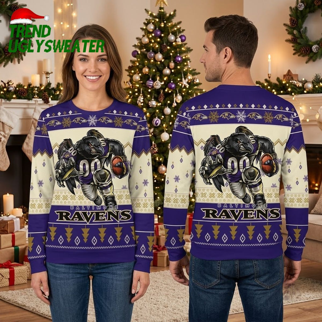 Baltimore Ravens Rushing Football Player With Snowflakes Ugly Christmas Sweater
