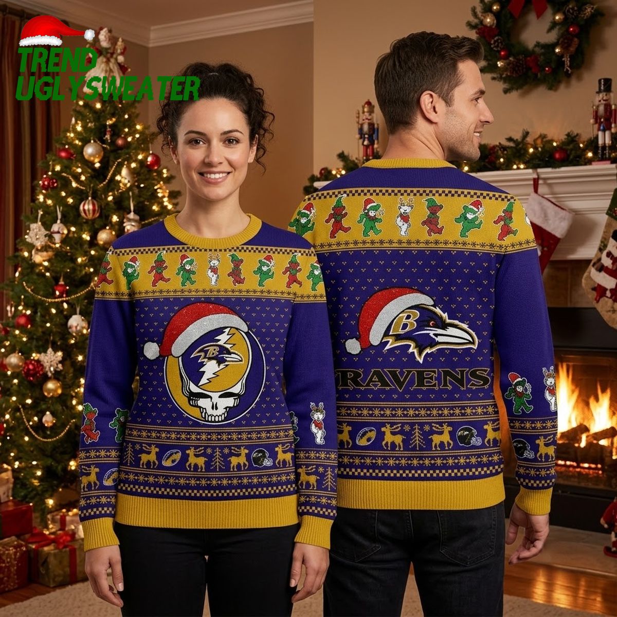 Baltimore Ravens Skull Santa Hat Ugly Christmas Sweater