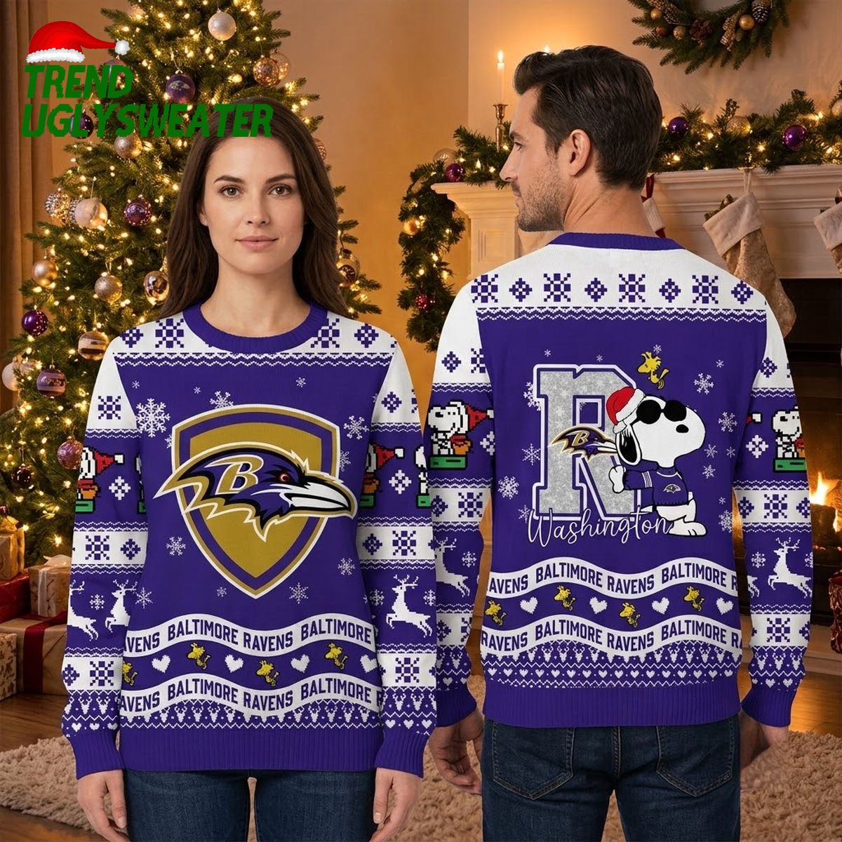 Baltimore Ravens Snoopy Peanuts Ugly Christmas Sweater