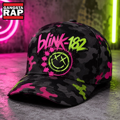 Blink 182 Neon Chaos Smiley Camo Pop Punk Classic Cap, Trendy Music Baseball Cap