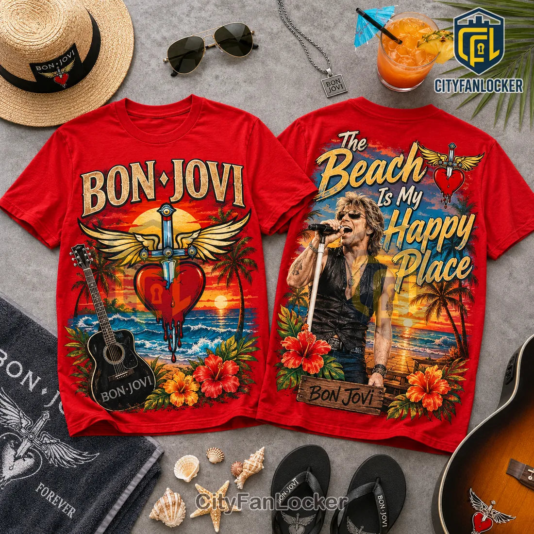 Bon Jovi Premium Beach Illustrated T-Shirt 2026