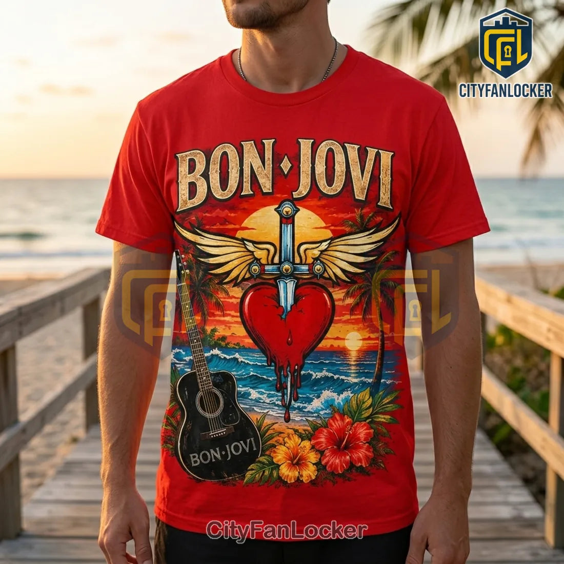 Bon Jovi Premium Beach Illustrated T-Shirt 2026