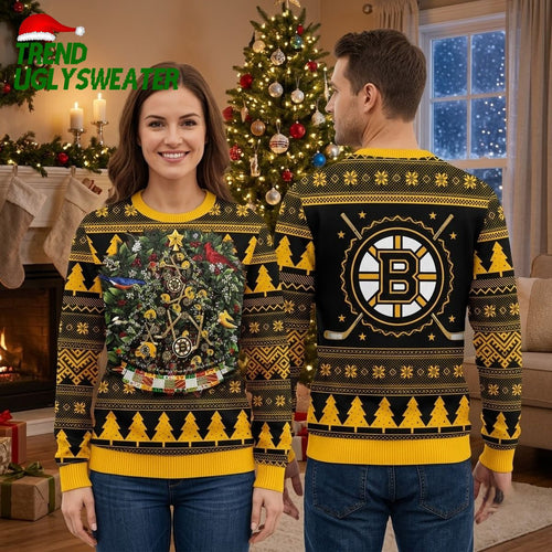 Boston Bruins Christmas Tree With Hockey Ornaments Ugly Christmas Sweater