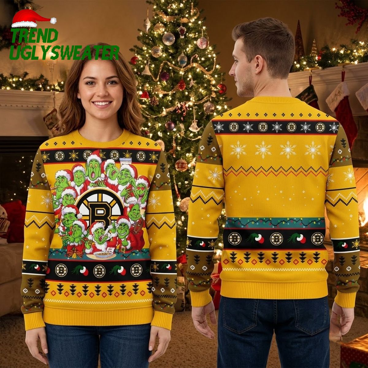 Boston Bruins Grinch Characters Surrounding Logo Ugly Christmas Sweater