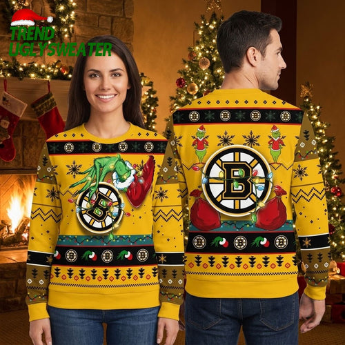Boston Bruins Grinch Hand Holding Christmas Lights Ugly Christmas Sweater