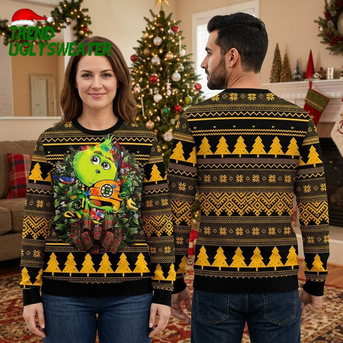 Boston Bruins Grinch Hockey Player Christmas Lights Ugly Christmas Sweater