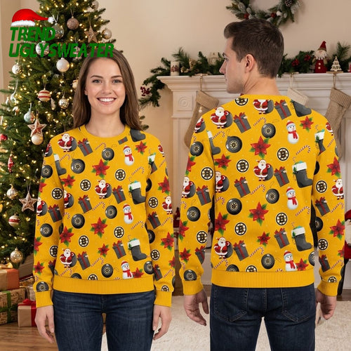 Boston Bruins Hockey Puck Santa Snowman Pattern Ugly Christmas Sweater