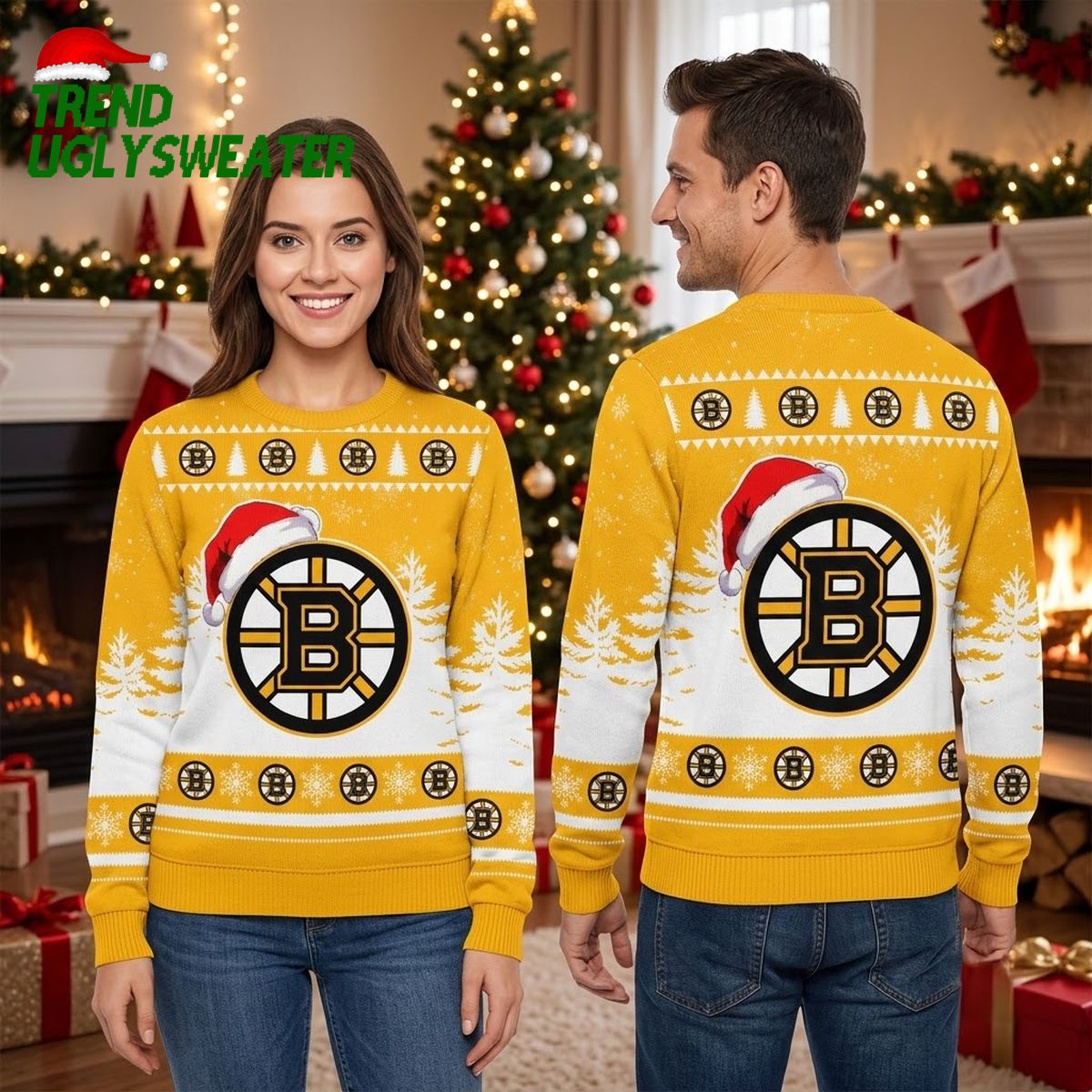 Boston Bruins Logo Santa Hat Snowflake Ugly Christmas Sweater