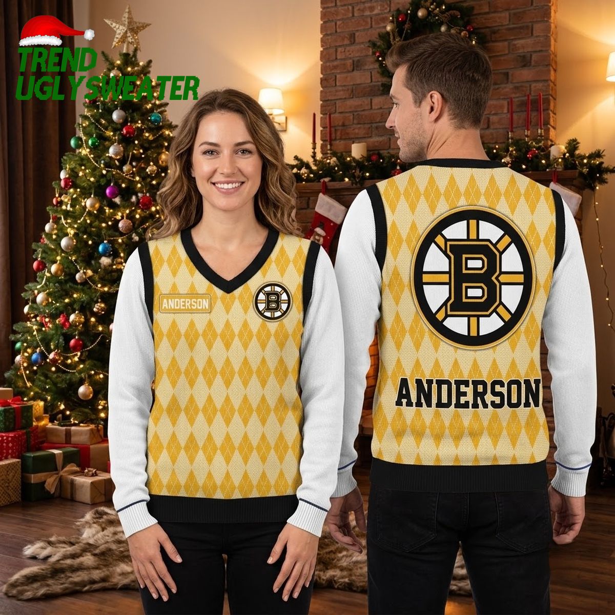 Boston Bruins Personalized Argyle Logo Custom Name Ugly Christmas Sweater