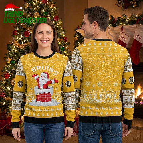 Boston Bruins Santa Climbing Chimney Snowflake Ugly Christmas Sweater