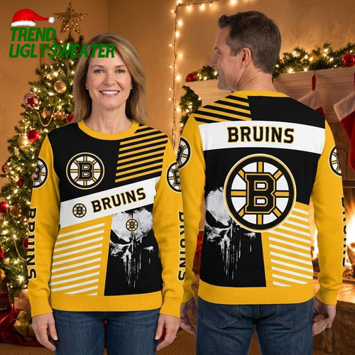 Boston Bruins Skull Graphic Striped Ugly Christmas Sweater