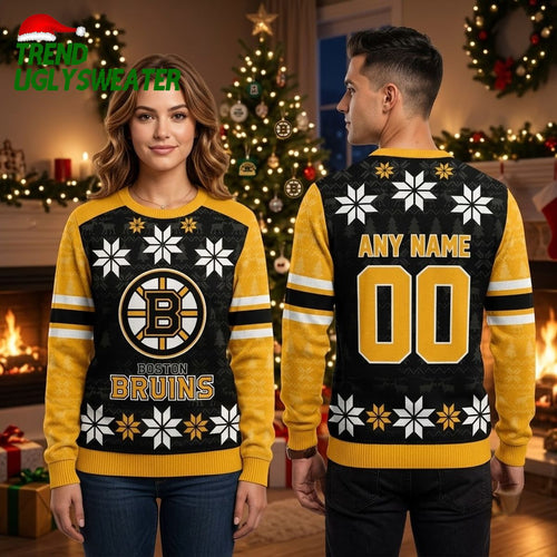Boston Bruins Snowflake Logo Personalized Name And Number Ugly Christmas Sweater