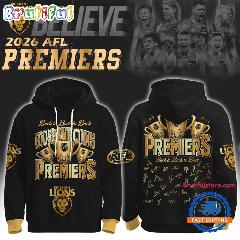 Brisbane Lions 2026 AFL Premiers Three Peat Signature Black Hoodie T-Shirt