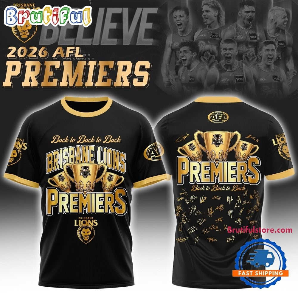 Brisbane Lions 2026 AFL Premiers Three Peat Signature Black Hoodie T-Shirt