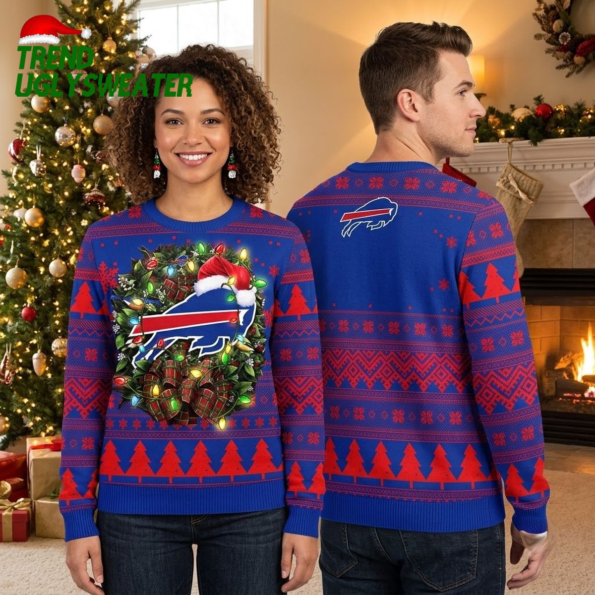 Buffalo Bills Logo Santa Hat Wreath Ugly Christmas Sweater