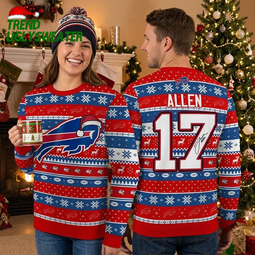 Buffalo Bills Santa Hat Logo Josh Allen 17 Signature Ugly Christmas Sweater